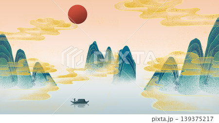 New Chinese and Japanese style landscape architecture illustration with traditional aesthetic art imagery 139375217