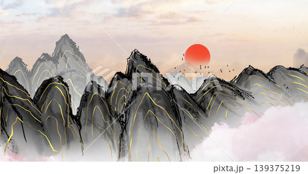 New Chinese and Japanese style landscape architecture illustration with traditional aesthetic art imagery 139375219
