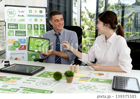 caucasian businessman and asian  businesswoman discussing ESG strategy 139375385