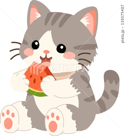 Cute grey kitten eating a watermelon slice. Kawaii cartoon cat sitting with fresh watermelon during a warm summer day 139375487
