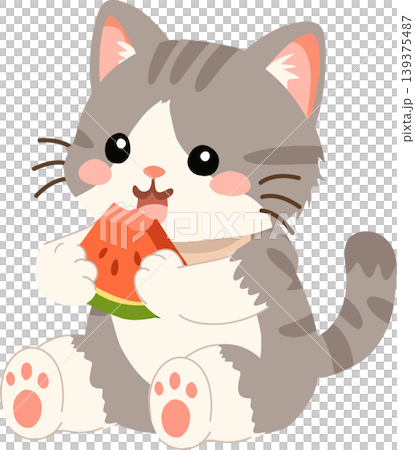 Cute grey kitten eating a watermelon slice. Kawaii cartoon cat sitting with fresh watermelon during a warm summer day 139375487