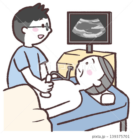 エコー検査するシニア男性のイラスト エコー検査するシニア男性のイラスト 139375701