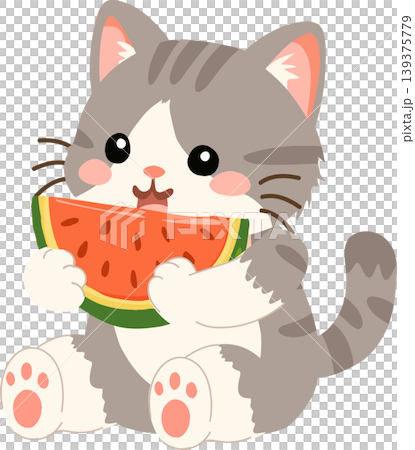 Cute gray kitten eating a watermelon slice. playful summer kawaii animal illustration Cute gray kitten eating a watermelon slice. playful summer kawaii animal illustration 139375779