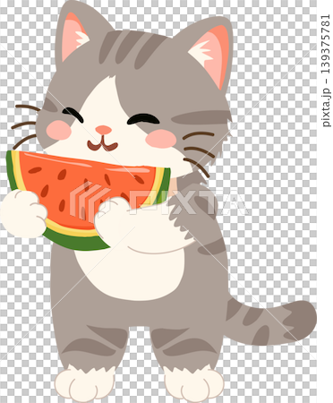Happy cartoon Cute gray kitten enjoying fresh watermelon in a bright summer Happy cartoon Cute gray kitten enjoying fresh watermelon in a bright summer 139375781