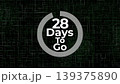 Twenty eight days to go text countdown sign with decorative circle frame on a dark digital green background with glitch effect lines for event promotion Twenty eight days to go text countdown sign with decorative circle frame on a dark digital green background with glitch effect lines for event promotion 139375890