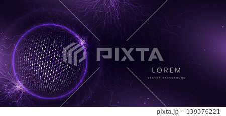 Glowing purple digital sphere with dotted texture and dynamic electric energy. 139376221