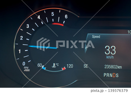 Close-up of a car dashboard showing speed and tachometer Close-up of a car dashboard showing speed and tachometer 139376379