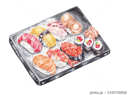 寿司セットの手描き水彩イラスト 寿司セットの手描き水彩イラスト 139376608