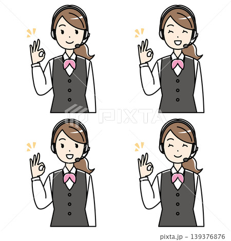笑顔でOKサインをするヘッドセットをつけた制服の若い女性のイラスト 笑顔でOKサインをするヘッドセットをつけた制服の若い女性のイラスト 139376876