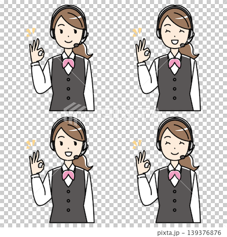笑顔でOKサインをするヘッドセットをつけた制服の若い女性のイラスト 笑顔でOKサインをするヘッドセットをつけた制服の若い女性のイラスト 139376876
