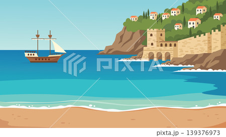 Castle Cliff Mediterranean Beach Flat Design Illustration 139376973