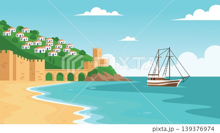 Anchored Ship Mediterranean Beach Flat Design Illustration Anchored Ship Mediterranean Beach Flat Design Illustration 139376974