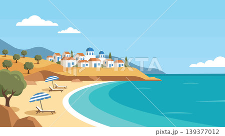 Village Mediterranean Beach Flat Design Illustration 139377012