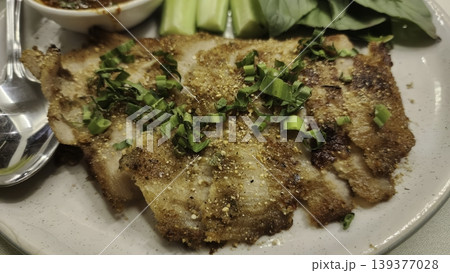 Delicious Thai Grilled Pork Neck with Spicy Dipping Sauce and Fresh Vegetables Delicious Thai Grilled Pork Neck with Spicy Dipping Sauce and Fresh Vegetables 139377028