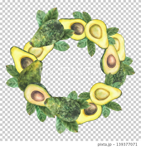 Avocado wreath. Whole fruit and cut half fruit with seeds and green leaves circle frame. Hand drawn watercolor illustration isolated on white background. Suitable for healthy food packaging, label. Avocado wreath. Whole fruit and cut half fruit with seeds and green leaves circle frame. Hand drawn watercolor illustration isolated on white background. Suitable for healthy food packaging, label. 139377071