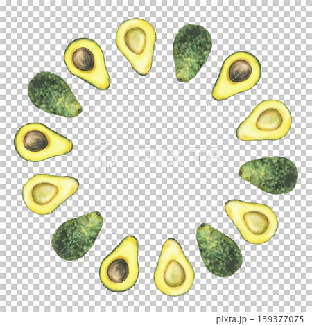 Watercolor avocado circle frame. Whole and cut avocado fruit half with and without seed. Hand drawn illustration isolated from background wreath for round food label, cosmetic, product packaging. Watercolor avocado circle frame. Whole and cut avocado fruit half with and without seed. Hand drawn illustration isolated from background wreath for round food label, cosmetic, product packaging. 139377075