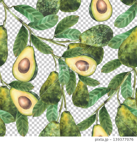 Watercolor avocado branch seamless pattern. Ripe whole and cut half fruit showing seed. Botanical hand drawn illustration isolated from background for exotic food packaging, fabric, wallpaper design. 139377076