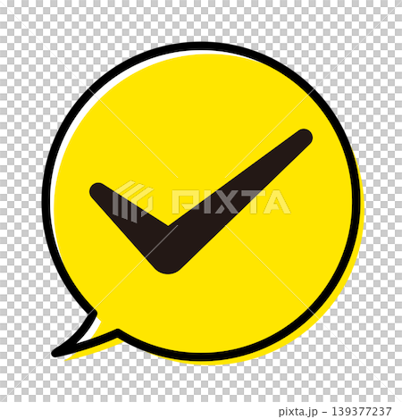A yellow speech bubble illustration with a checkmark inside. A yellow speech bubble illustration with a checkmark inside. 139377237