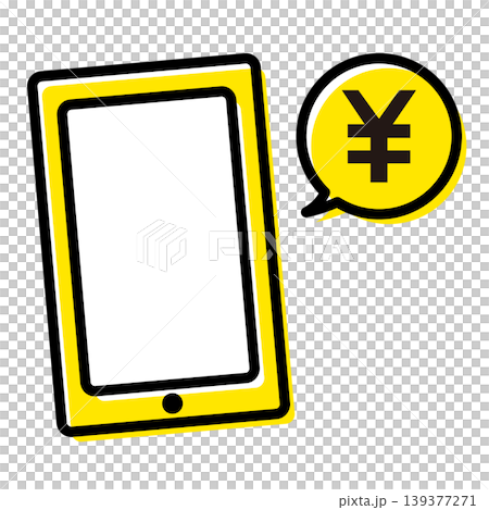 Illustration of a smartphone and a yen symbol in a speech bubble. 139377271