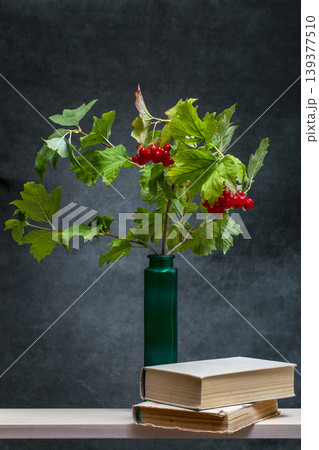 Still life with red viburnum in a vase and two books Still life with red viburnum in a vase and two books 139377510