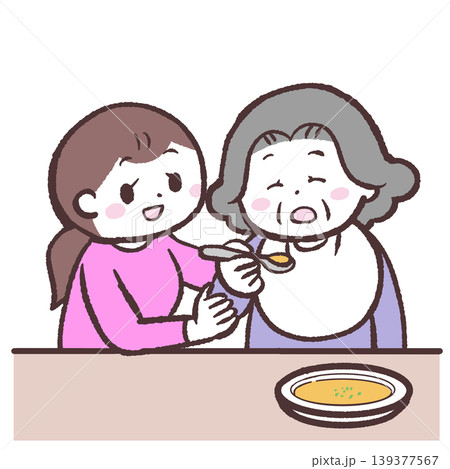 母親の食事介助する女性のイラスト 母親の食事介助する女性のイラスト 139377567
