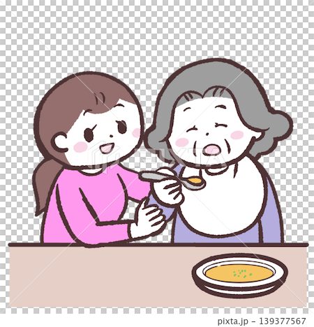 插圖描繪了一位女士幫助母親用餐的情景。 插圖描繪了一位女士幫助母親用餐的情景。 139377567