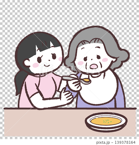 シニア女性の食事介助する職員のイラスト 139378164