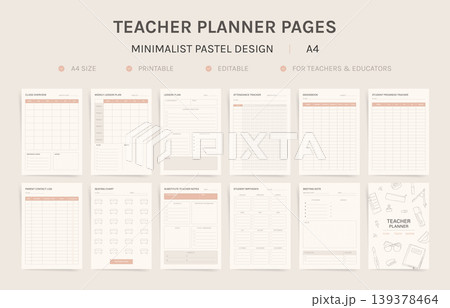 Teacher Planner Pages Vector Set, Printable A4 Lesson Plan Gradebook Attendance Tracker Templates 139378464