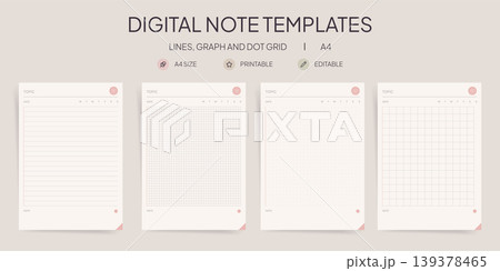 Digital Note Templates Vector Set, Modern Printable A4 Lined Graph Dot Grid Planner Pages Digital Note Templates Vector Set, Modern Printable A4 Lined Graph Dot Grid Planner Pages 139378465