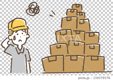 荷物が山積みで困る作業員のイラスト。 荷物が山積みで困る作業員のイラスト。 139379376
