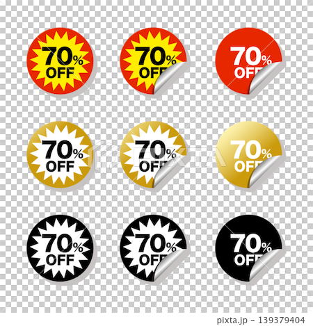 70%OFF セールシール めくれステッカー 割引ラベル バッジセット 赤 黄 金 黒 高割引 139379404