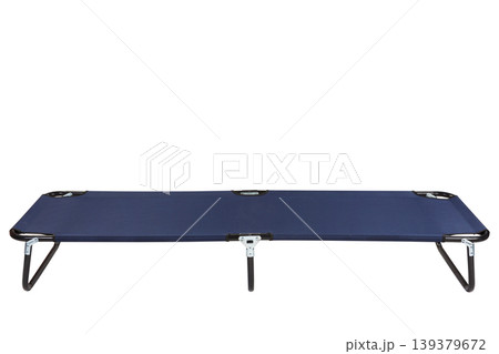 Blue folding camping cot with black steel frame on white background. 139379672