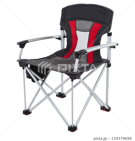 Folding fishing chair and camping seat with armrests isolated. Folding fishing chair and camping seat with armrests isolated. 139379698