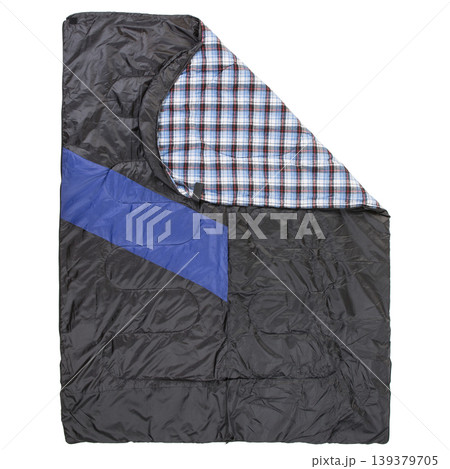 Folding camping sleeping bag, touristic blanket with lining isolated. Folding camping sleeping bag, touristic blanket with lining isolated. 139379705