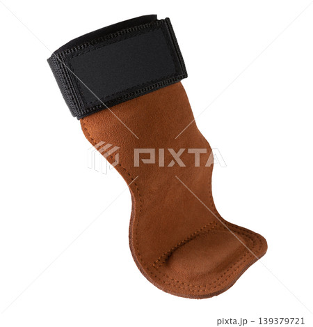 Brown leather weightlifting hand grips, gym palm protectors for deadlifts and pull-ups isolated. 139379721