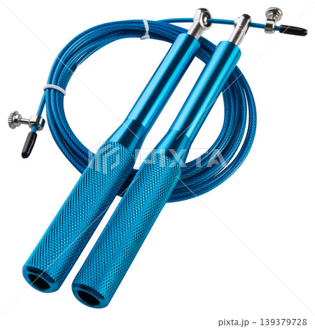 Speed jump rope for crossfit with blue aluminum handles isolated. Speed jump rope for crossfit with blue aluminum handles isolated. 139379728