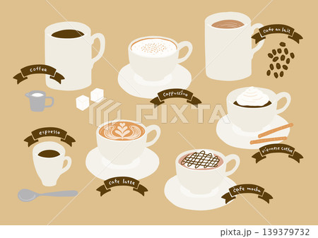 カフェメニューとコーヒードリンクのフラットイラストセット 139379732