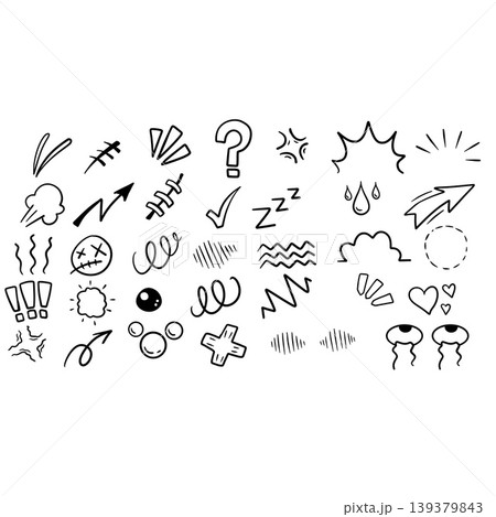 Anime emotion symbols set, hand drawn manga effects doodle collection. Comic sound effects, sparkles, hearts, question marks and black white graphic elements Anime emotion symbols set, hand drawn manga effects doodle collection. Comic sound effects, sparkles, hearts, question marks and black white graphic elements 139379843