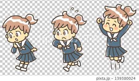 一幅描繪身穿水手服的女孩的插圖，展示了克服困難、努力工作並取得成功的步驟。 139380024