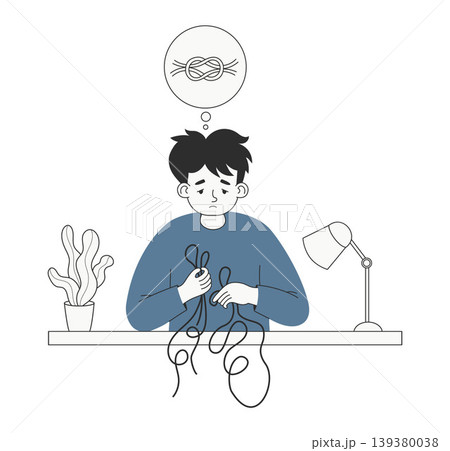 Confused Person Solving Complex Problem. Man Untangling and Creating Perfect Knot at Desk. Goal Oriented Working with Precision. Finding Solution. Vector Illustration. Perfectionism and Craftsmanship. Confused Person Solving Complex Problem. Man Untangling and Creating Perfect Knot at Desk. Goal Oriented Working with Precision. Finding Solution. Vector Illustration. Perfectionism and Craftsmanship. 139380038
