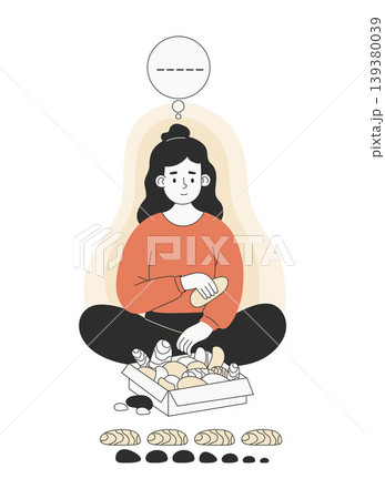 Neurodiversity Life. Calm Autistic Woman Lining Up Stones on Floor for Sensory Regulation. Silent Order and Mindfulness Practice. Repetitive Behavior for Stress Relief, Harmony. Vector Illustration. 139380039