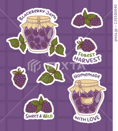 Blackberry Homemade Rustic Glass Jars Jam, Berries and Leaves Sticker Pack. Isolated Cute Labels with Sweet Quotes. Forest Harvest Aesthetic. Vector Illustration. 139380040