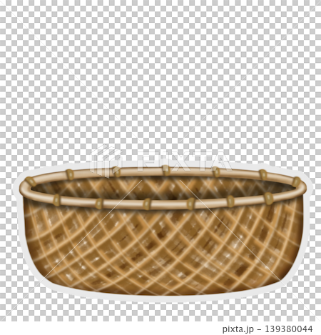 Sticker Hand drawn wicker basket collection illustration featuring various woven containers with handles ,ribbon and fabric covers for storage, picnic, and invitation,card decor use 139380044