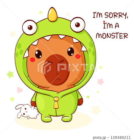 Apologize card with cute capybara in costume of monster. Inscription I'm sorry, I'm a monster. Cute baby capybara apologize.  Can be used for t-shirt print, sticker, badge. Vector illustration EPS8 139380211