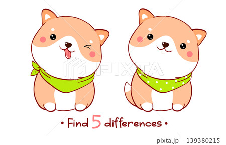Educational Game for Kids with cute dog. Find five Differences Activity For Preschool Children. Find 5 differences education game for kids with funny little shiba inu puppy. Vector illustration EPS8 Educational Game for Kids with cute dog. Find five Differences Activity For Preschool Children. Find 5 differences education game for kids with funny little shiba inu puppy. Vector illustration EPS8 139380215