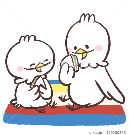シートの上でサンドイッチを食べる白い鳥達のイラスト シートの上でサンドイッチを食べる白い鳥達のイラスト 139380236