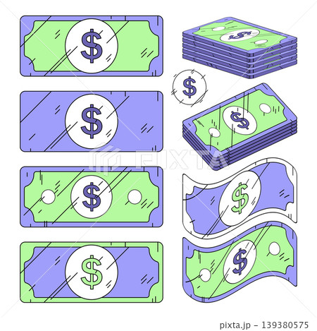 Collection of stylized purple and green dollar bills and coins. Flat, isometric and wavy banknote designs. Perfect for financial icons, business presentations, banking UI and web design Collection of stylized purple and green dollar bills and coins. Flat, isometric and wavy banknote designs. Perfect for financial icons, business presentations, banking UI and web design 139380575