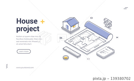 House Project And Architecture Design With Blueprint Plan Isometric Banner Vector Illustration House Project And Architecture Design With Blueprint Plan Isometric Banner Vector Illustration 139380702