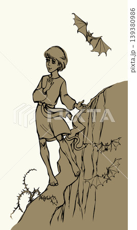 Vector drawing. Young boy going through dangerous way Vector drawing. Young boy going through dangerous way 139380986