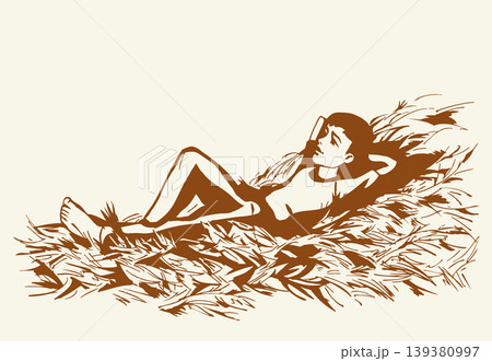 Vector drawing. A boy laying in a hay 139380997